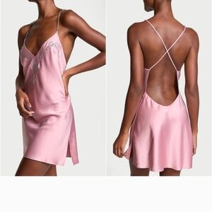 Victoria's Secret Pink Satin rhinestone bow Chemise slip